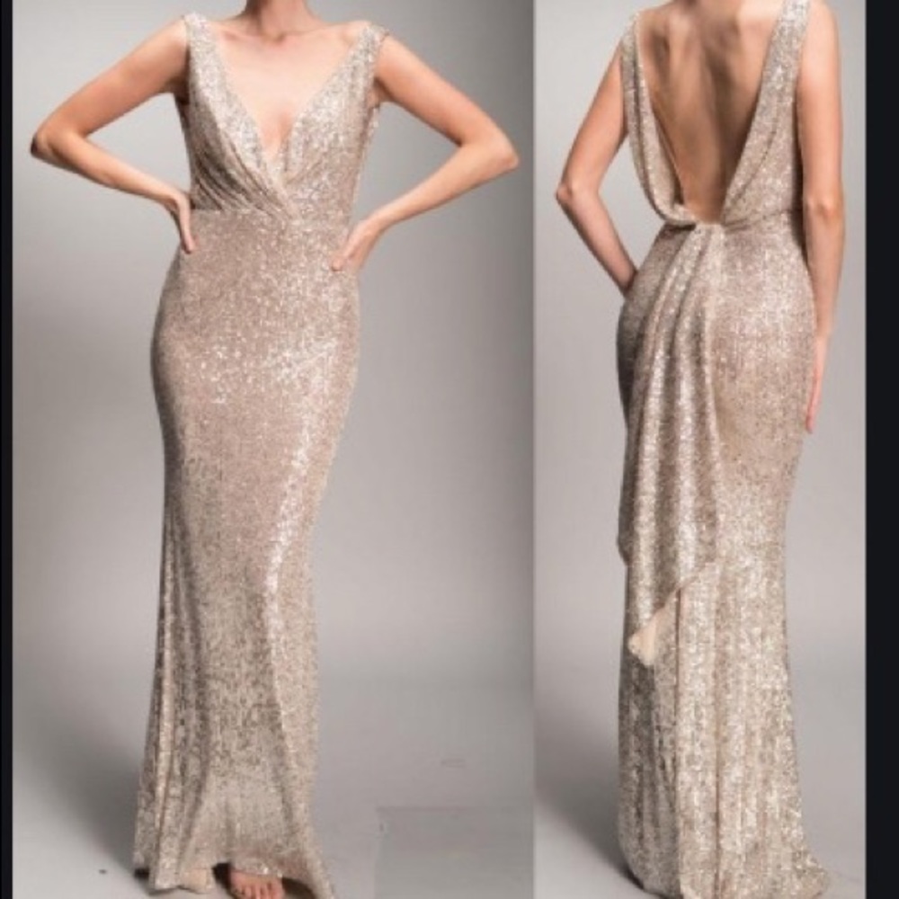 Nicole Bakti draped back Sequin dress